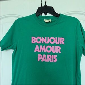 Sezane Green Tee with Pink Text Amour Paris t shirt used